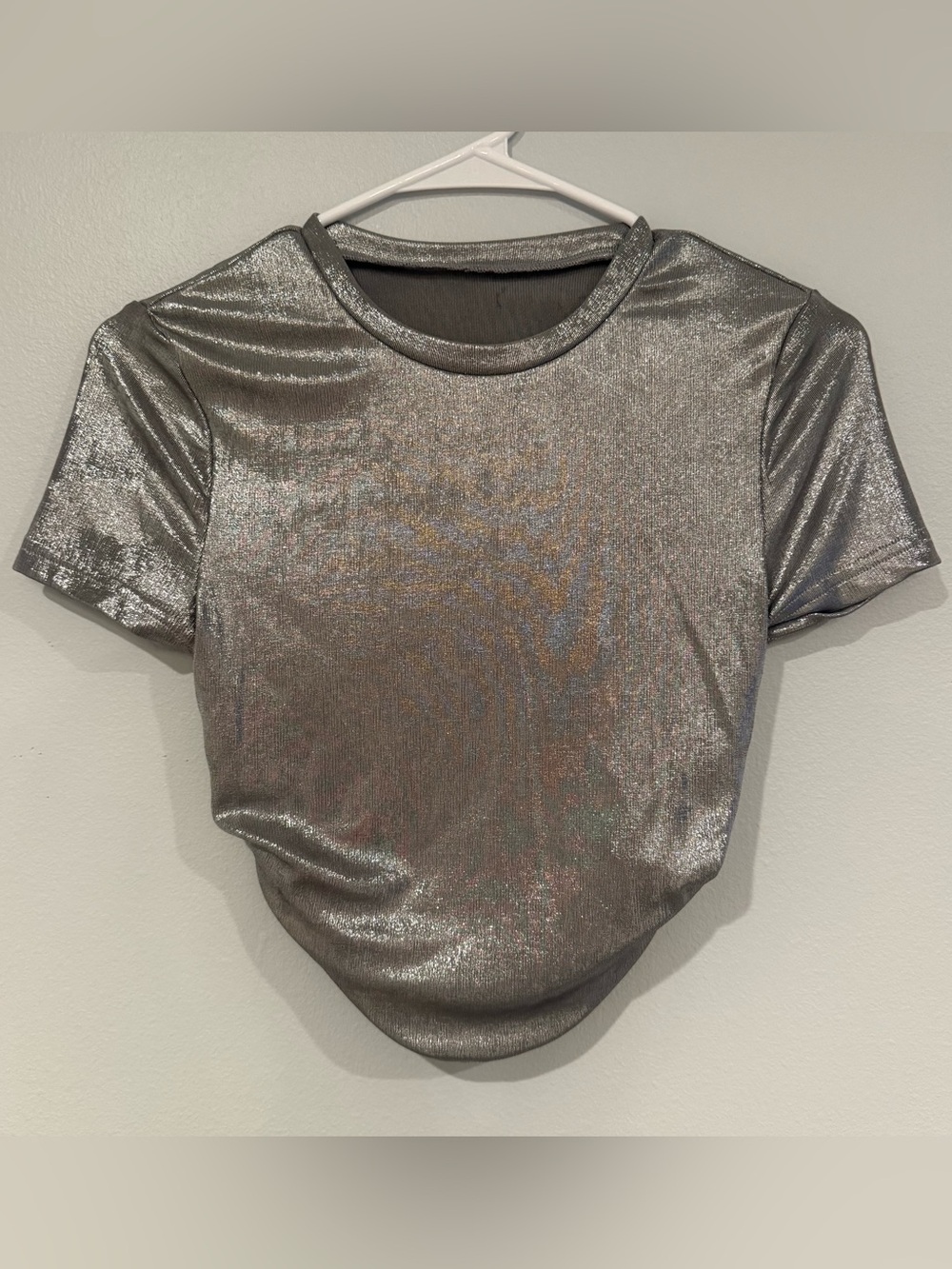 SHEIN Silver Metallic Short Sleeve Shimmer Tee